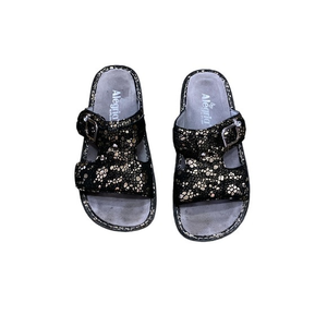 ALEGRIA Women's Peg 780 Black/Silver Leather‎ Slide Sandals Size 38 (US 8-8.5)